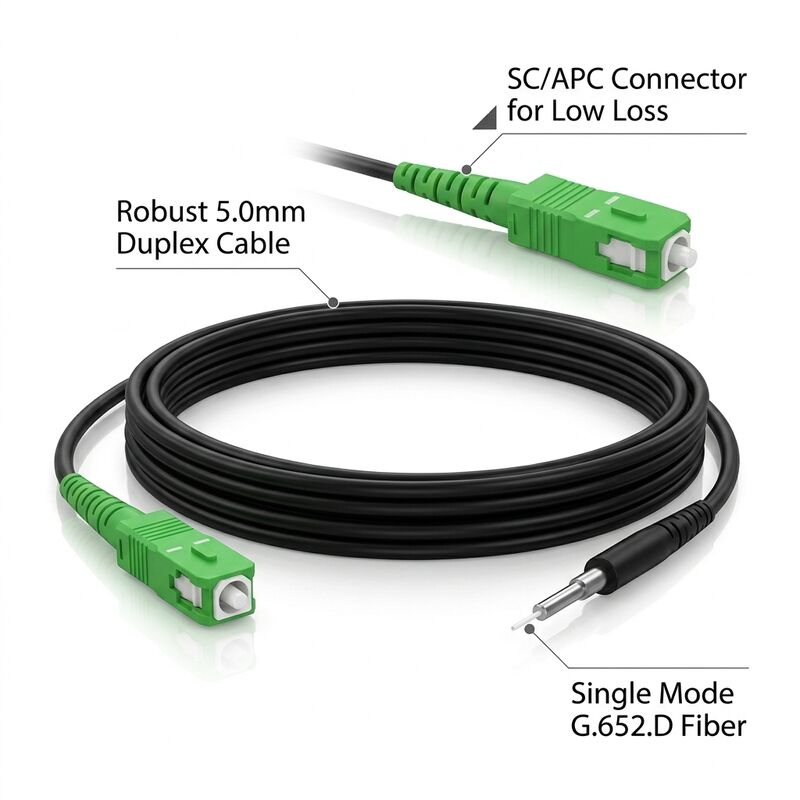 Simplex SC/APC Single Mode Fiber Optic Patch Cord G657A2 OS2 9/125um 5.0mm FTTH Indoor Cable